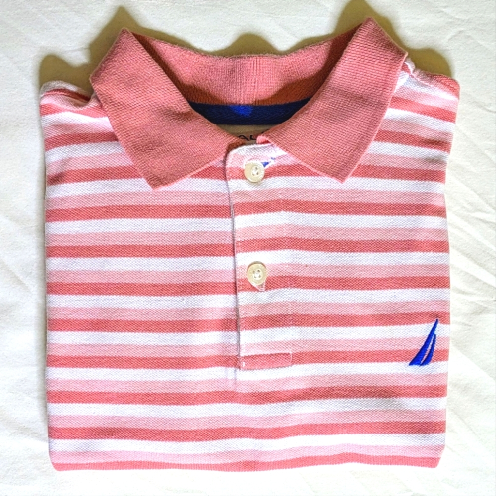 NAUTICA Polo, boys size M (10-12), coral/white stripe